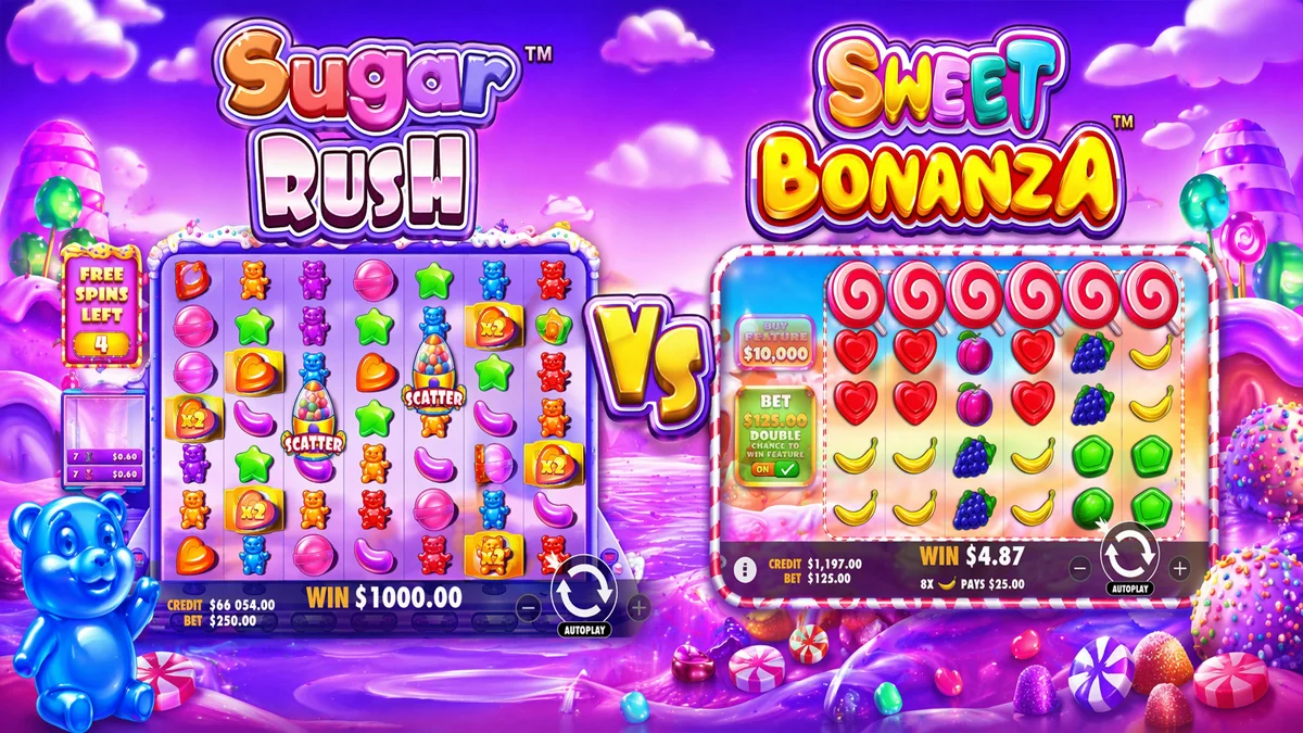 Sugar Rush vs Sweet Bonanza: честное сравнение двух конфетных слотов - обложка статьи блога sweetbonanzaslot.top
